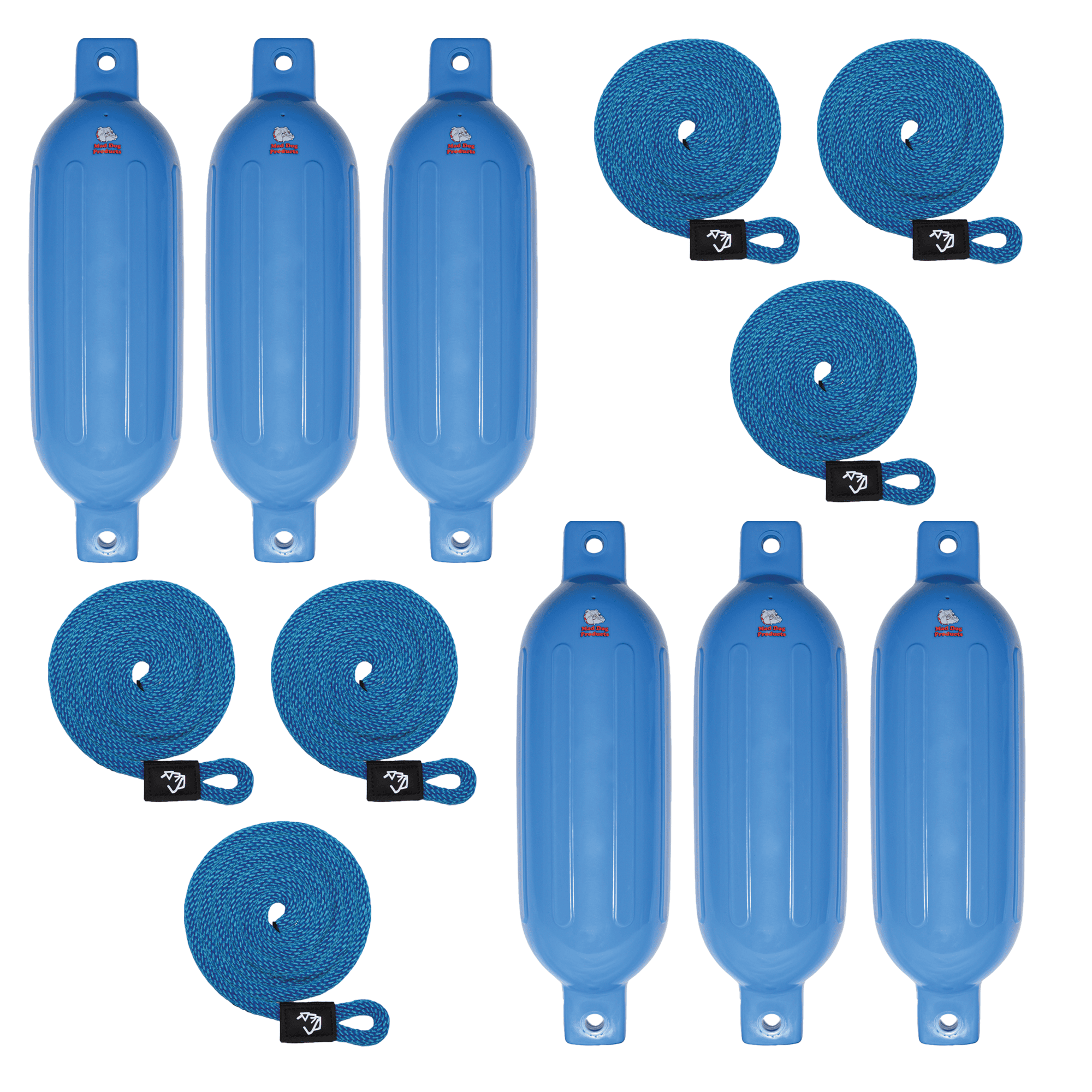Mad Dog Inflatable Boat Fenders Set Blue inflatable boat fenders with dock line accessories for boat protection.