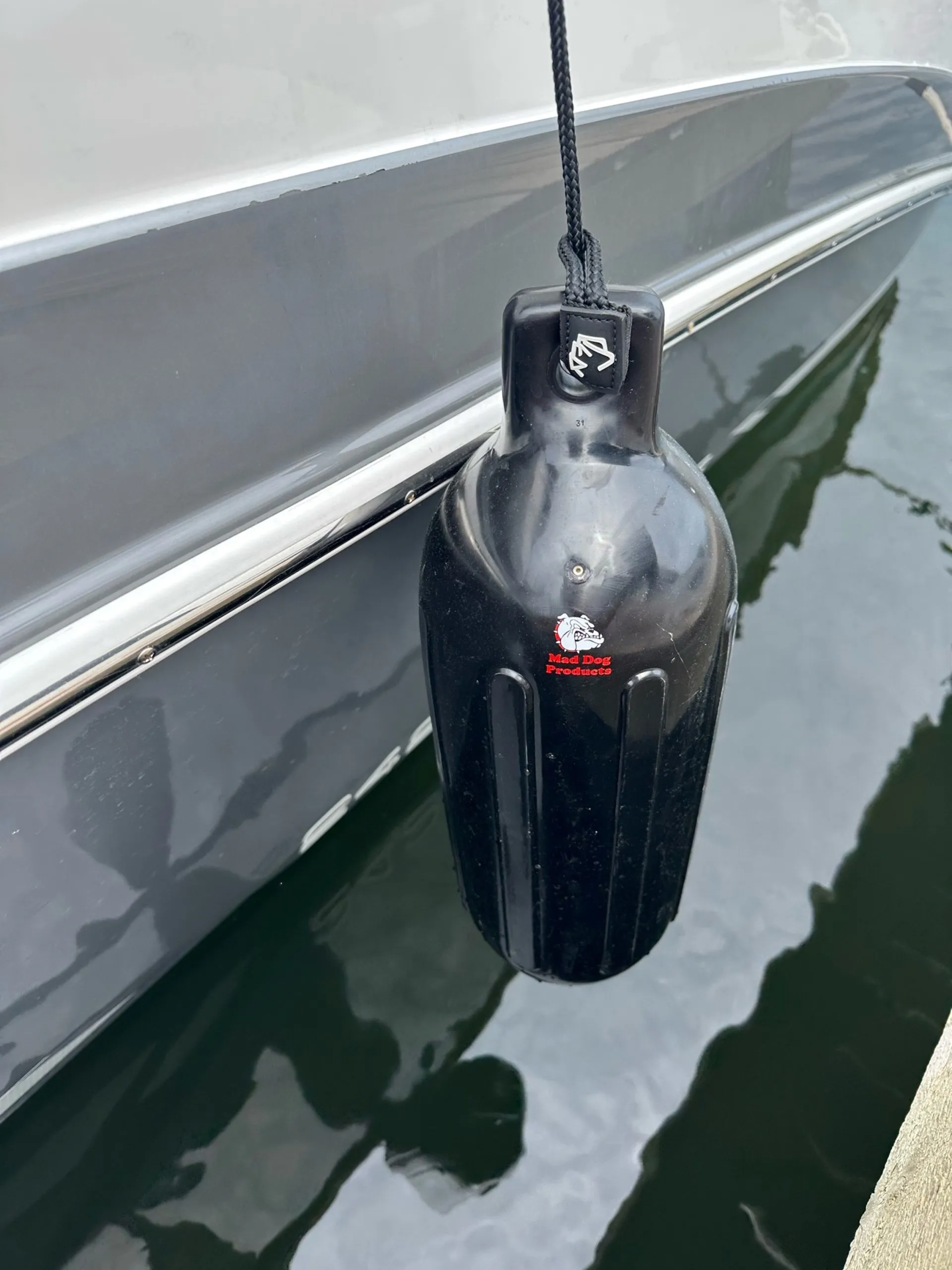 Mad Dog Inflatable Boat Fender Inflatable boat fender attached to boat for protection.