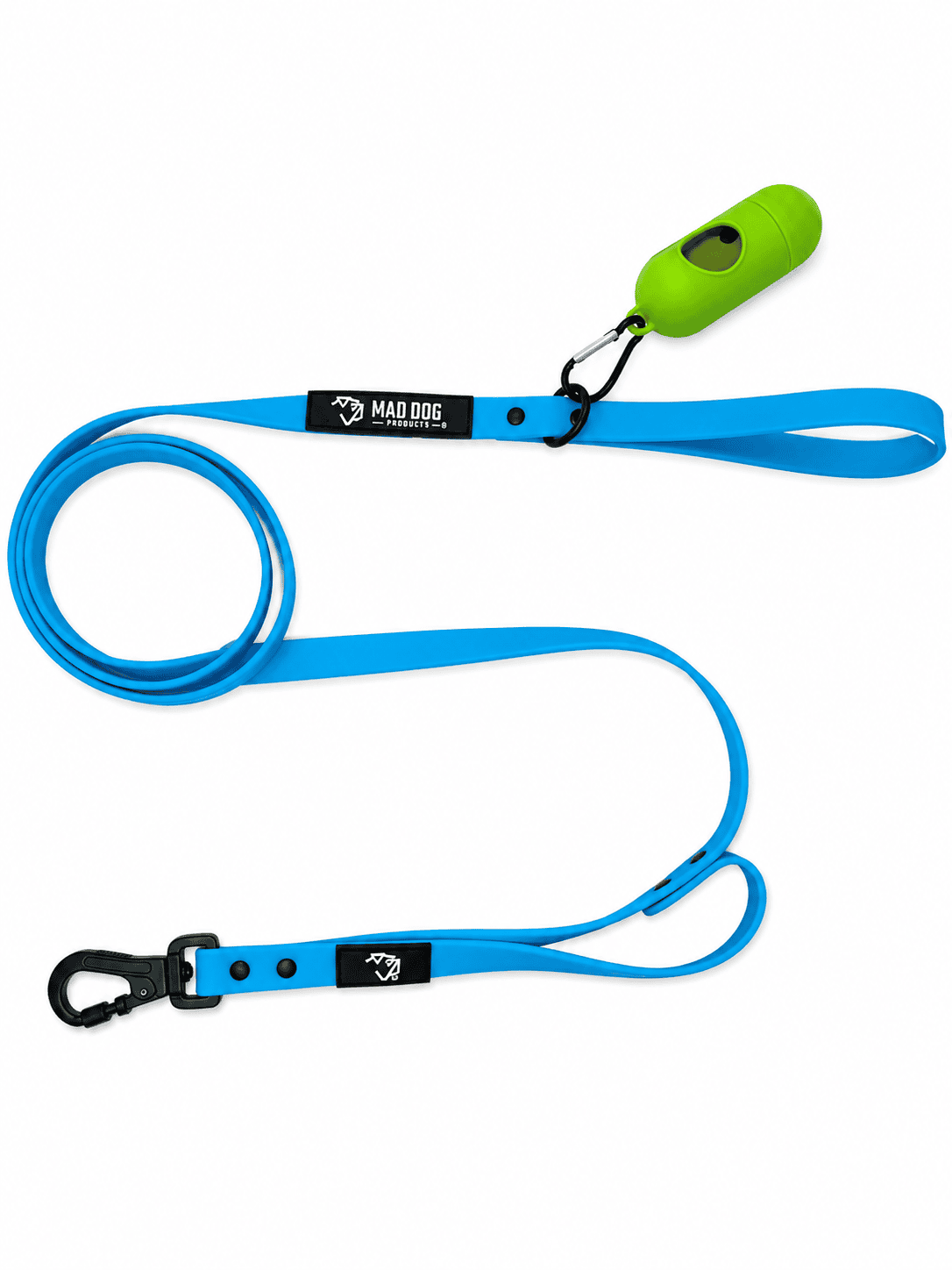 Blue waterproof dog leash with a green waste bag holder.