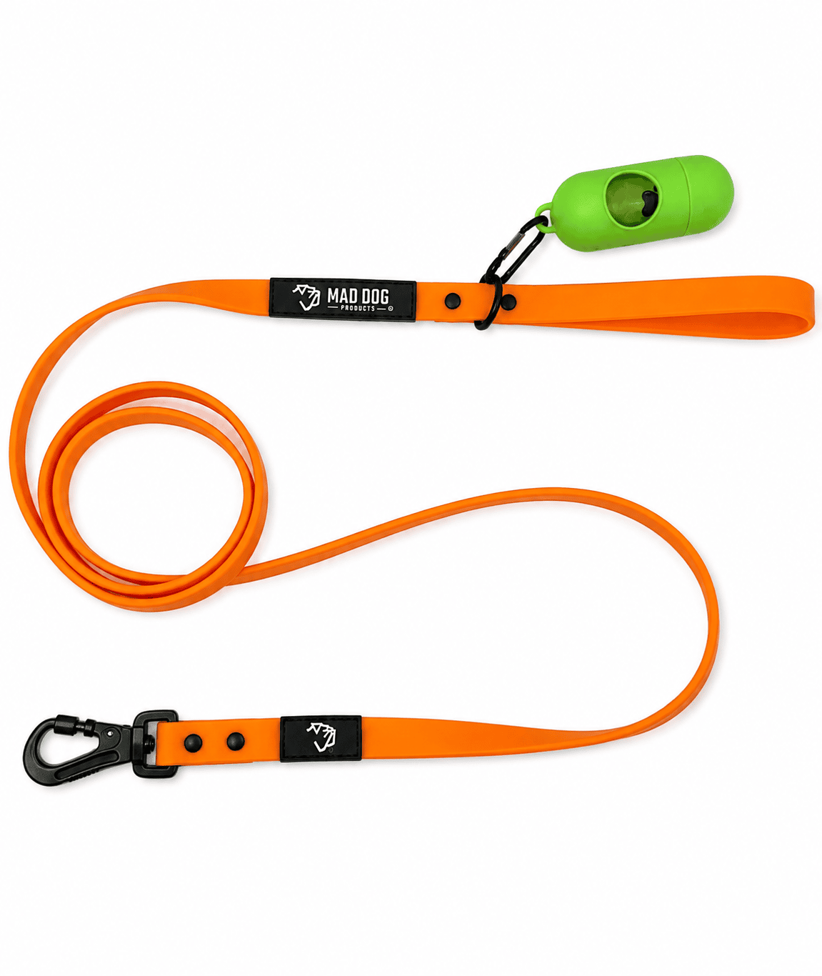 Bright orange waterproof dog leash with green waste bag dispenser.